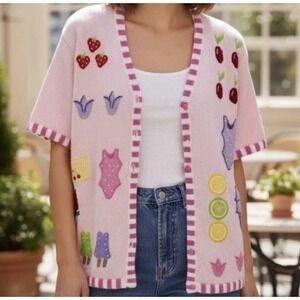 The Quacker Factory 1X Summer Fun Novelty Knit Cardigan Ice Cream Fruit Ramie